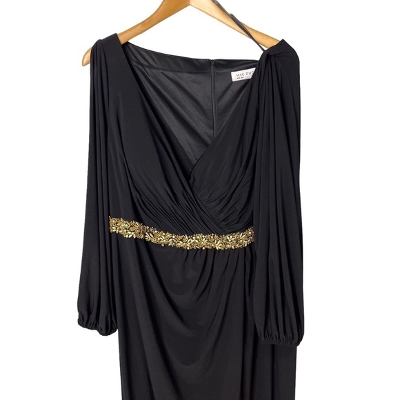 Mac Duggal Jersey V Neck Maxi Dress Gold Beaded Size 20 Leg Slit Formal - Picture 5 of 12